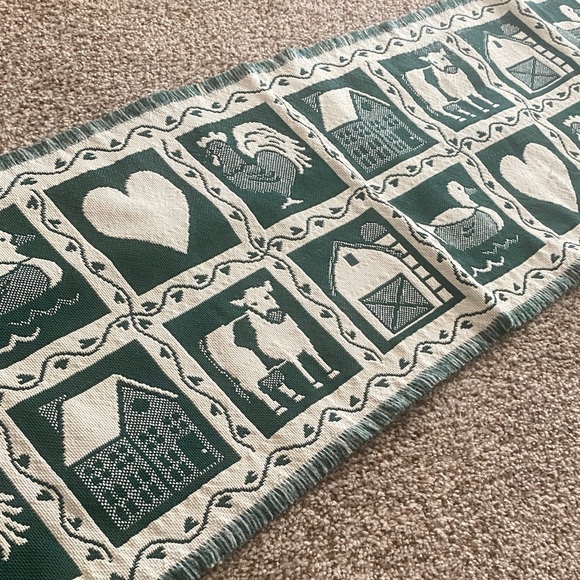 Farmhouse Motif Reversible Green/White Fringed Table Runner. Approx. 14”x66” - Picture 1 of 11